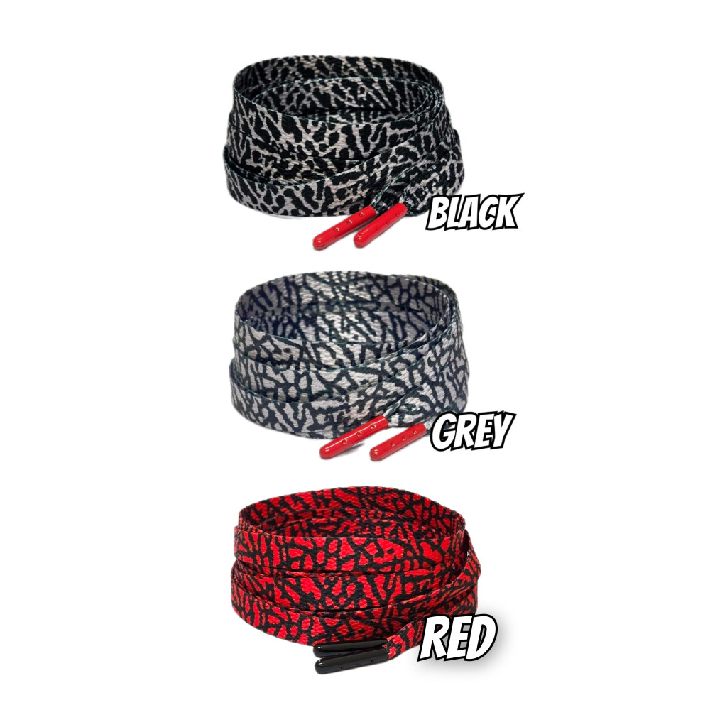 Elephant Flat Shoelaces w Metal  Aglets- Black - Grey - for Jordan 3 - Black Cement - White Cement - Red Cement -
